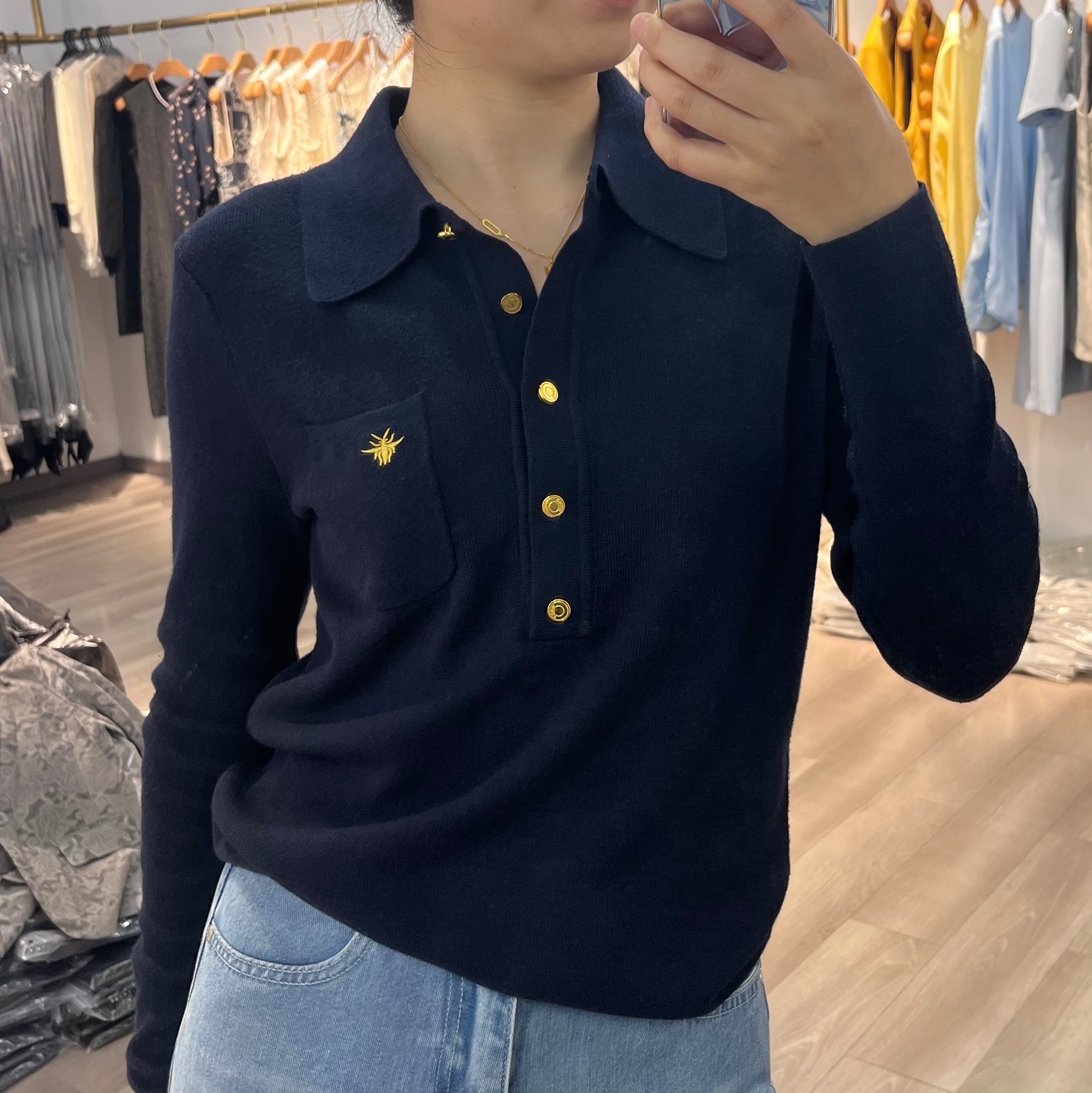 新款刺绣长袖套头单排扣POLO领针织上衣百搭商务简约女装