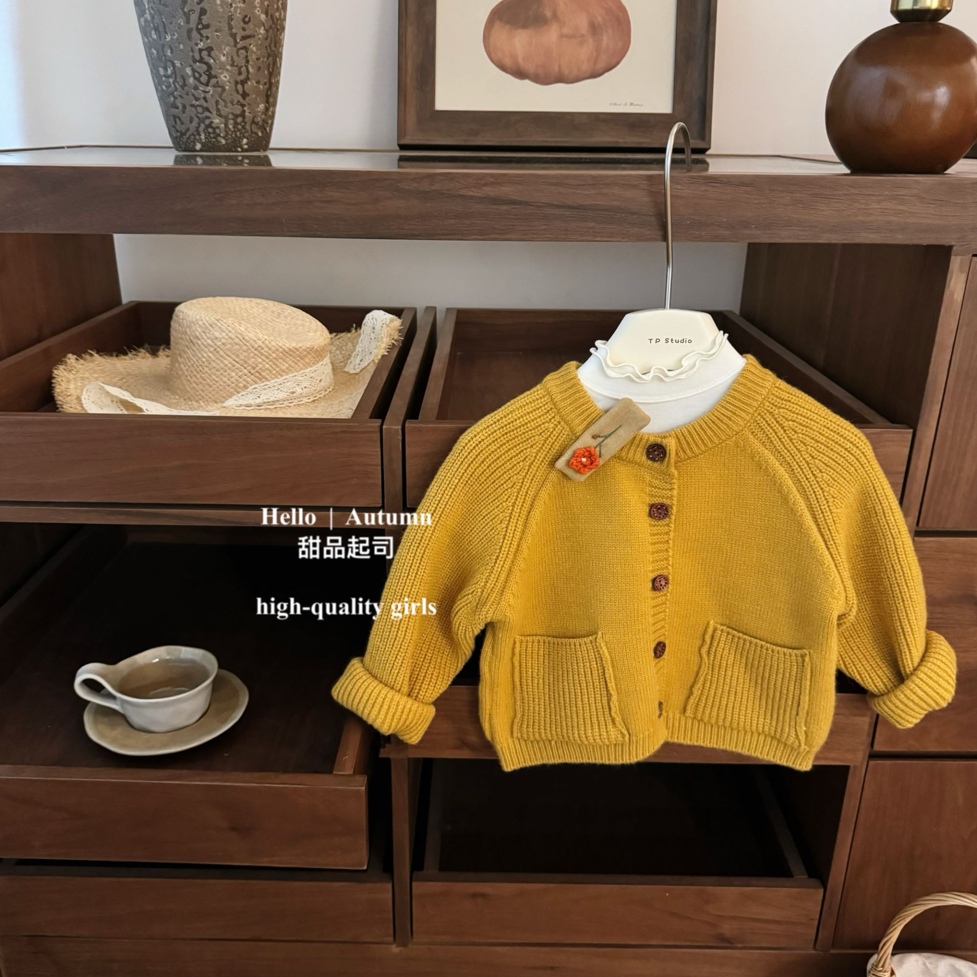 【甜品起司】原版！韩系女宝宝南瓜色显白毛衣针织开衫小花发夹套装