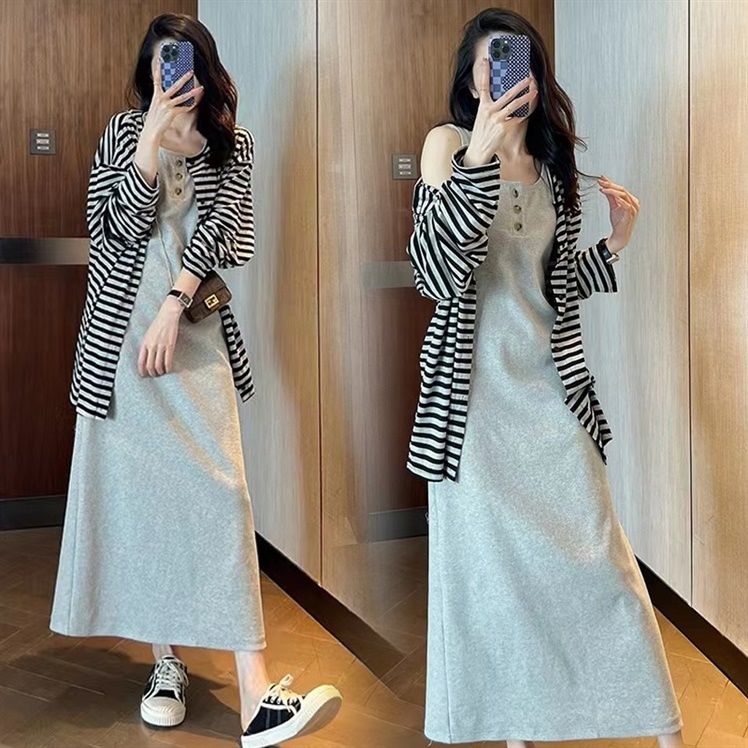 孕妇套装秋装新款条纹外套+孕妇连衣裙长裙子孕妇休闲两件套装