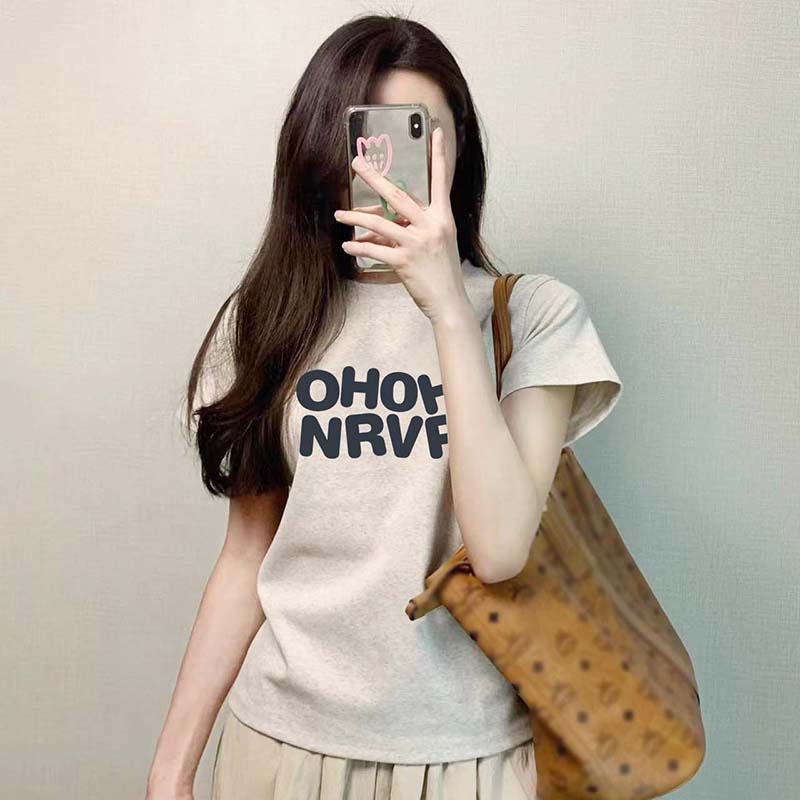 潮流新款正肩短袖t恤女百搭简约字母印花高弹力显瘦修身圆领上衣