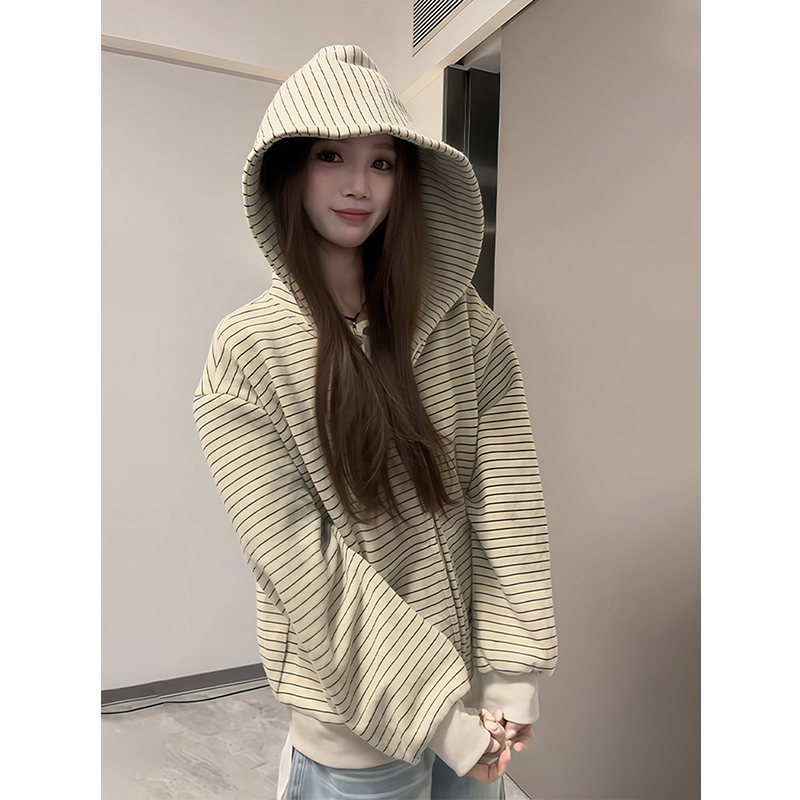 杏色条纹开衫卫衣男款秋季chic韩系慵懒感外套复古宽松氛围感帽衫