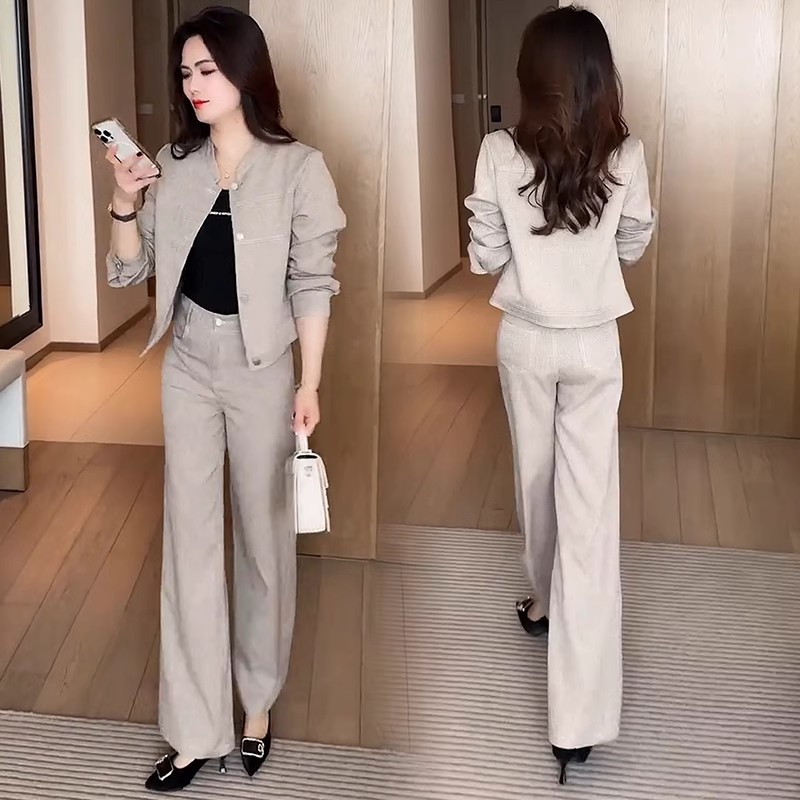 时尚牛仔套装女2025春季新款洋气质显瘦短款外套阔腿裤休闲两件套
