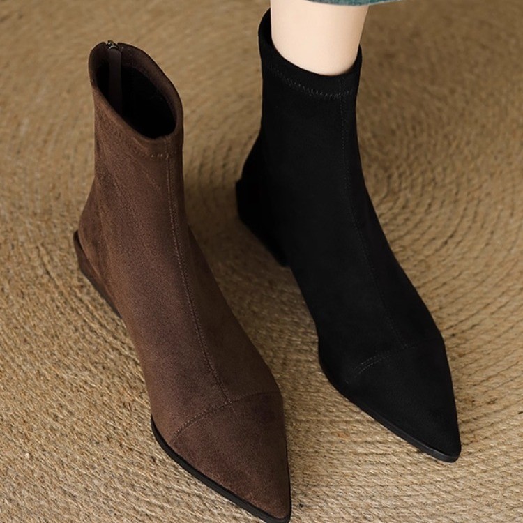 法式尖头弹力瘦瘦靴女低跟秋冬款绒面百搭粗跟后拉链短靴