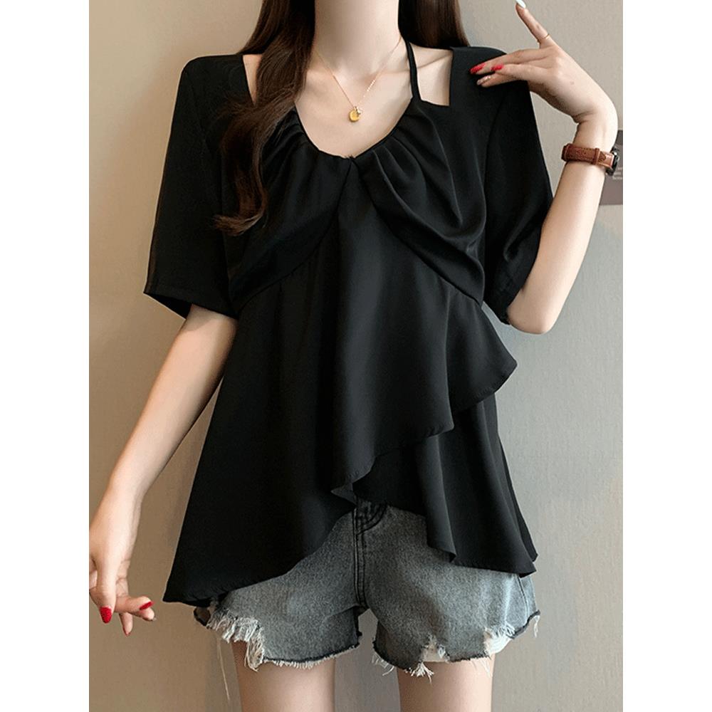 大码女装遮肚子挂脖T恤荷叶边雪纺衫女夏季胖妹妹宽松不规则上衣