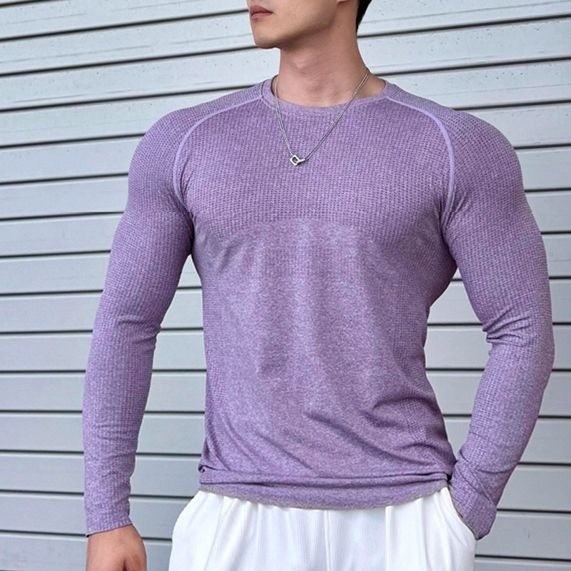 新款无缝提花运动长袖男秋季训练健身服修身弹力速干T恤跑步上衣