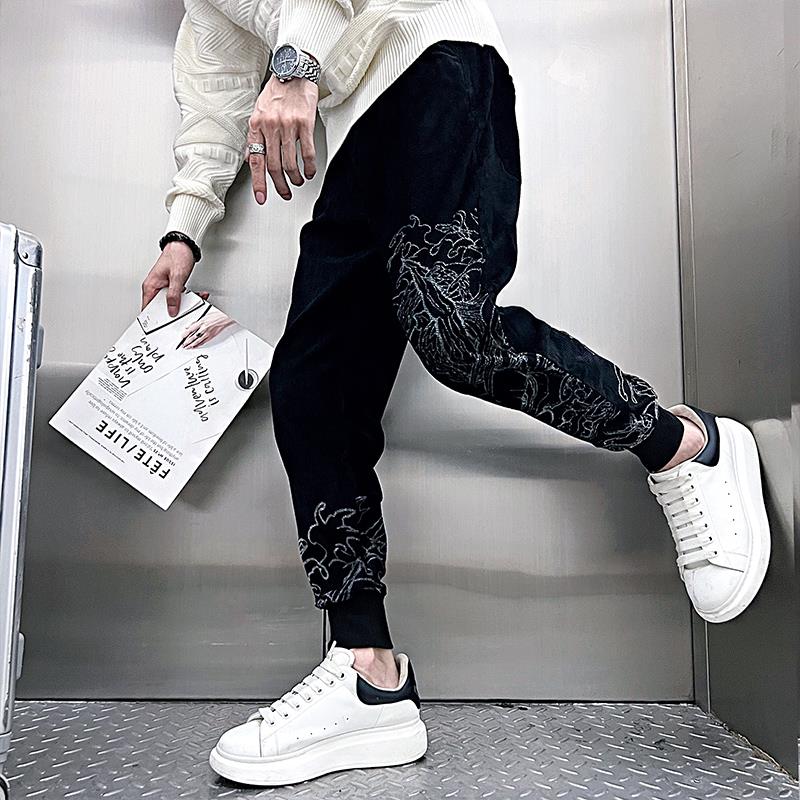 潮牌雪尼尔裤子男高级感痞帅小脚裤2025新款春秋季男裤潮流休闲裤