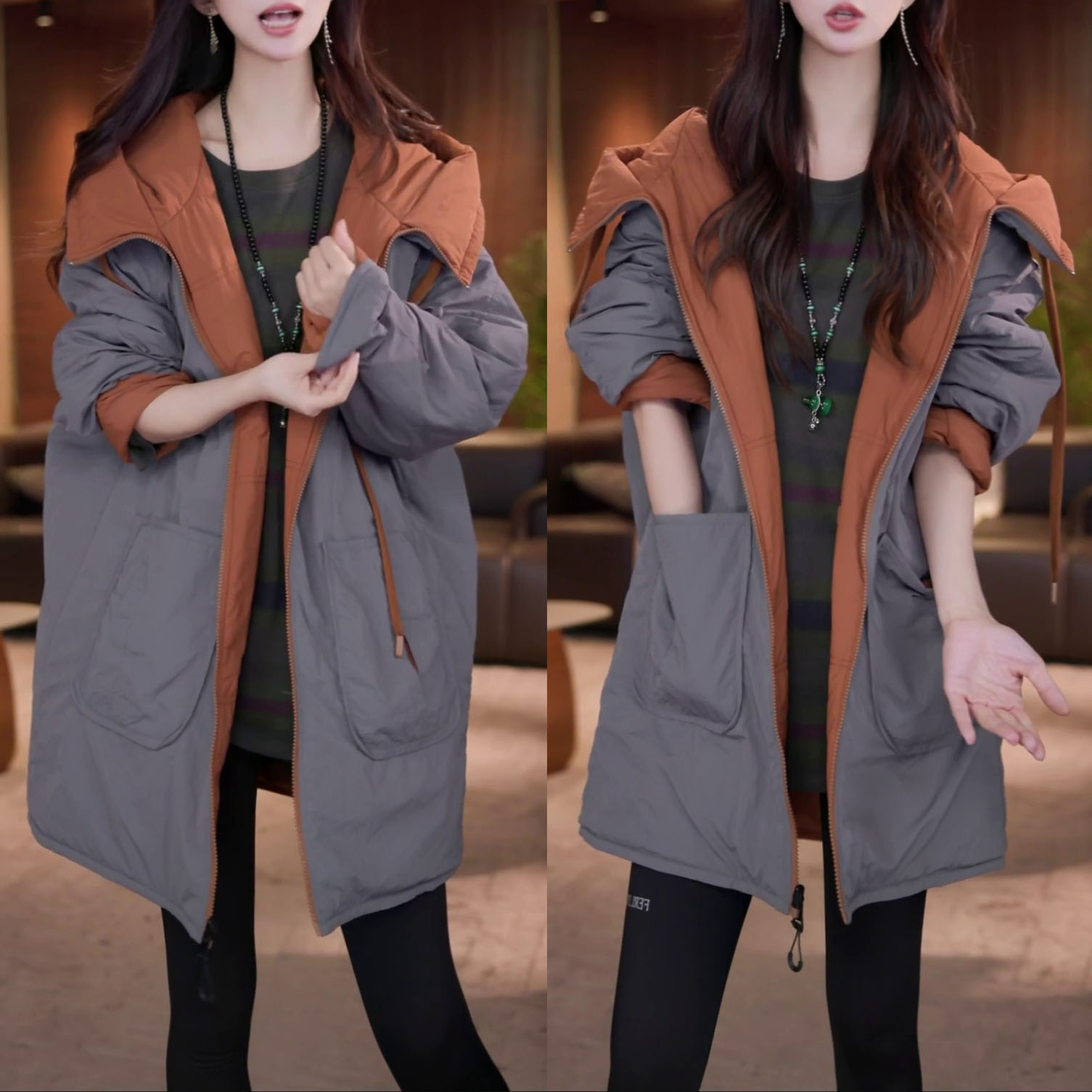 时尚休闲宽松显瘦加厚保暖棉衣2025秋冬季气质双面穿连帽棉服外套