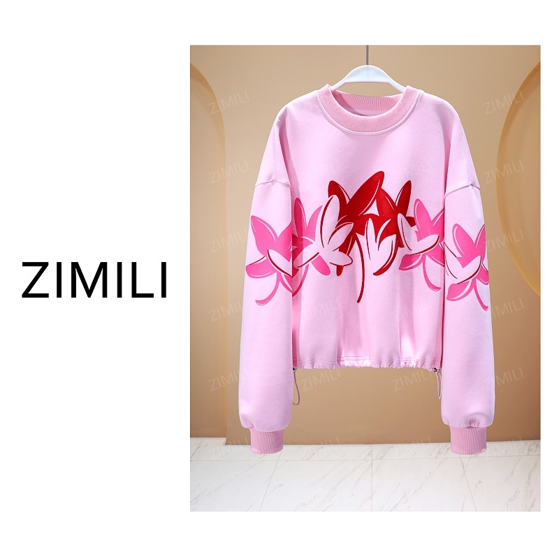 【亮哥欧货女装】2025冬季加厚《幸福花》少女粉撞色印花卫衣6181-K6