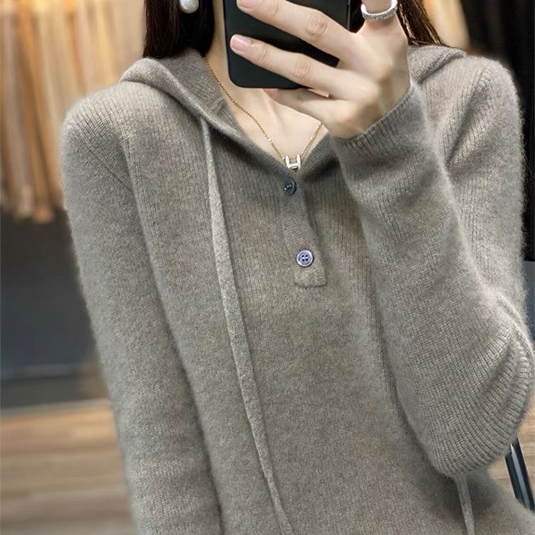 纯100羊毛衫带帽加厚女内搭打底衫连帽毛衣秋冬针织衫