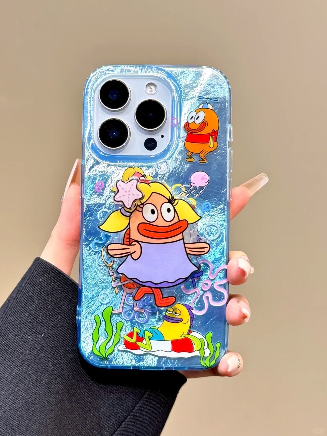 可爱抽象比奇堡美女鱼适用苹果16promax手机壳15冰川纹14/13小众