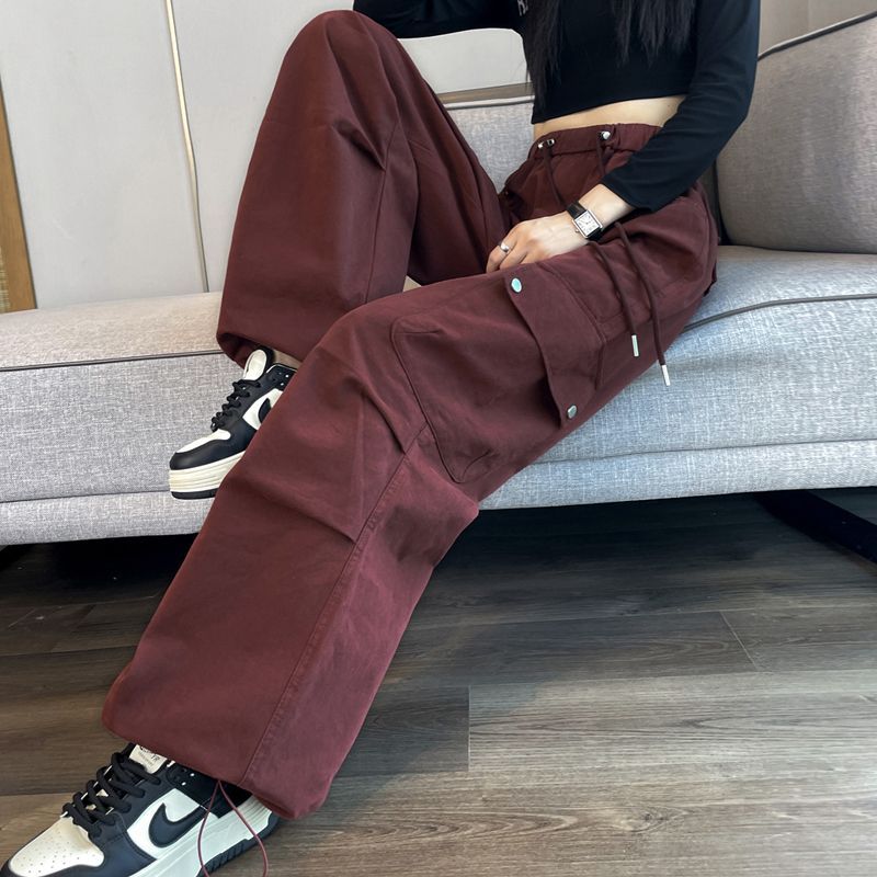藏青工装裤女春秋2025年新款小个子直筒宽松高腰阔腿伞兵加绒裤子