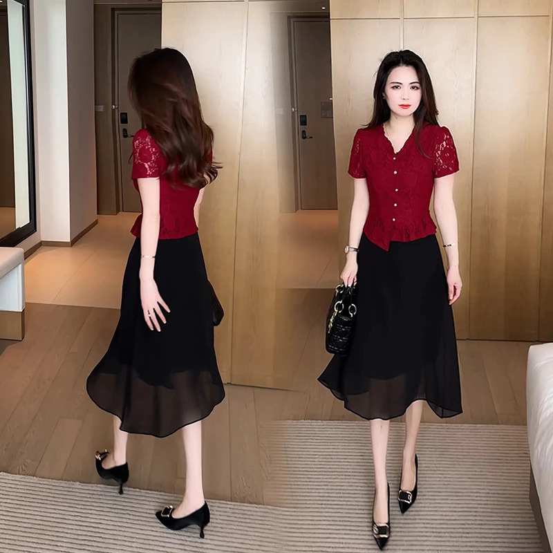 时尚蕾丝拼接假两件连衣裙2025夏季新款妈妈气质洋气收腰显瘦裙子