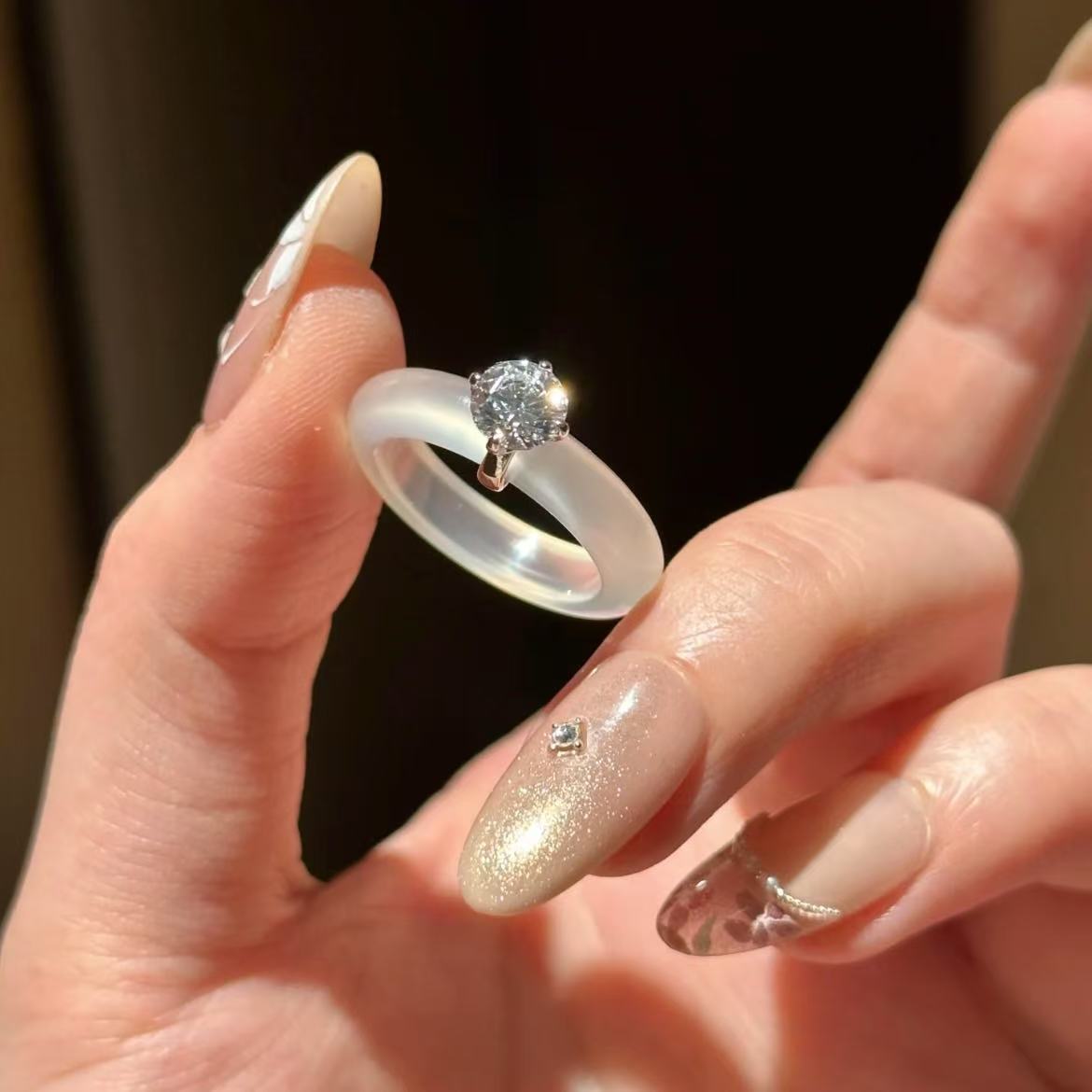 铜合金戒指 冰透玊随戒指单钻复古精致清冷感指环女款时尚百搭风