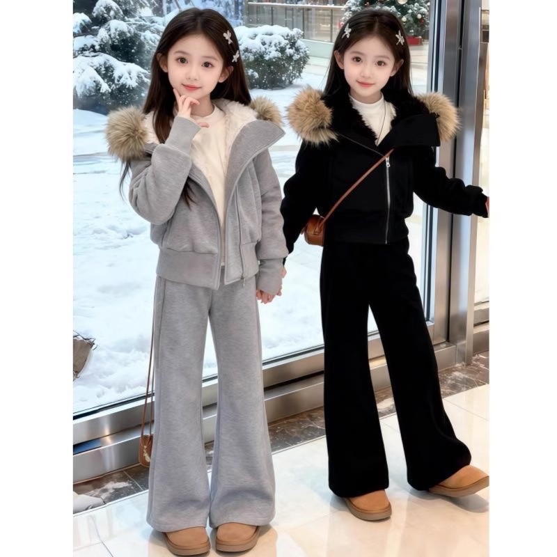女童秋冬加绒套装2025新款女大童韩系毛领连帽外套冬装儿童两件套
