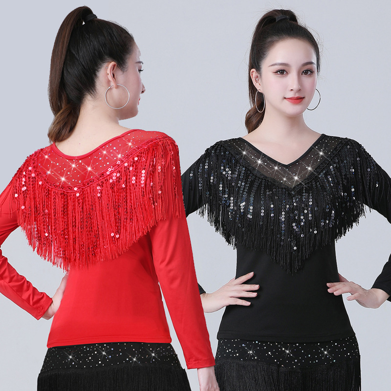 广场舞服装新款拉丁舞服女摩登舞亮片流苏上衣国标舞三步踩跳舞衣