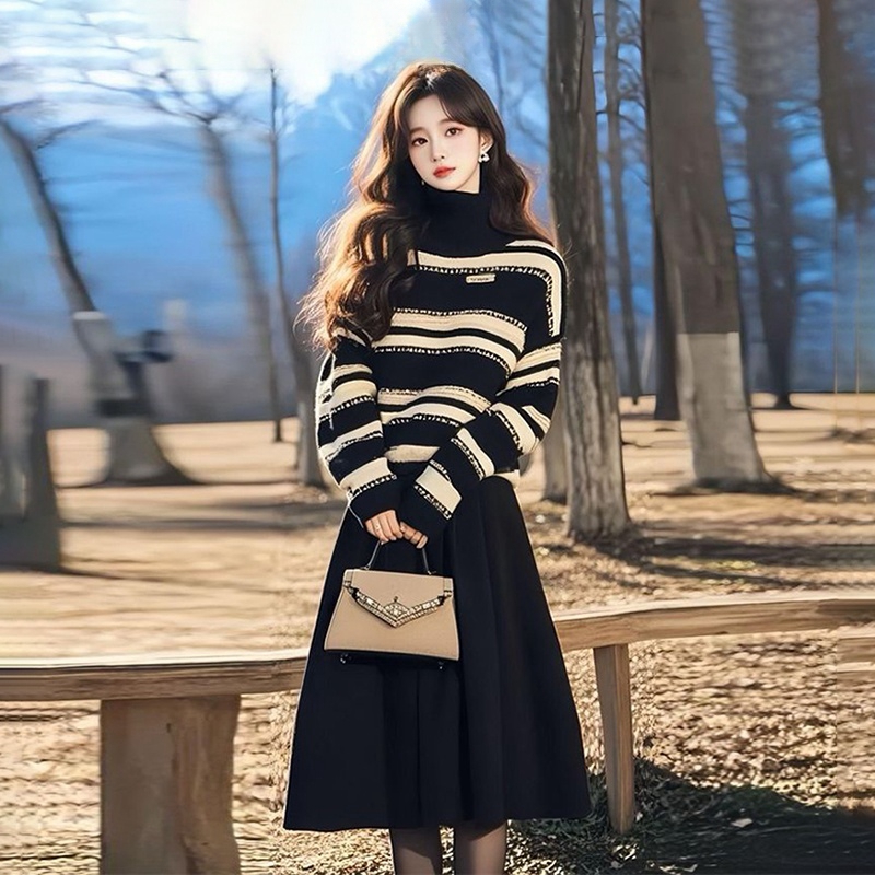 氛围感气质时尚套装女春季新款条纹长袖毛衣高腰显瘦a字半身裙潮