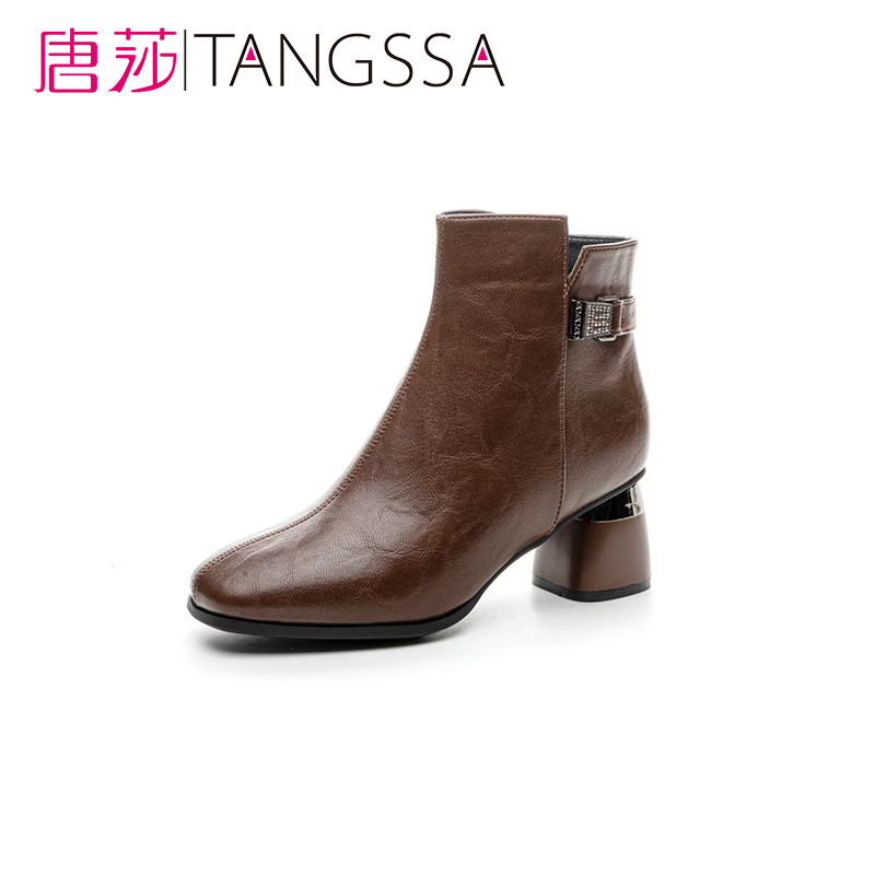 新款真皮短靴粗跟女秋季加绒高跟气质时尚休闲百搭软底女士6092高