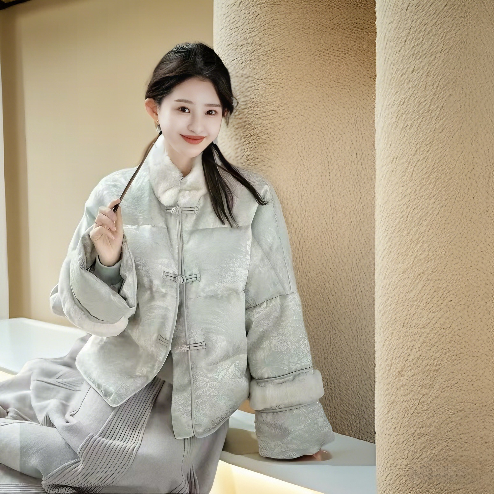 2025新中式国风羽绒服盘扣提花显瘦洋气白鸭绒女款正品保暖外套