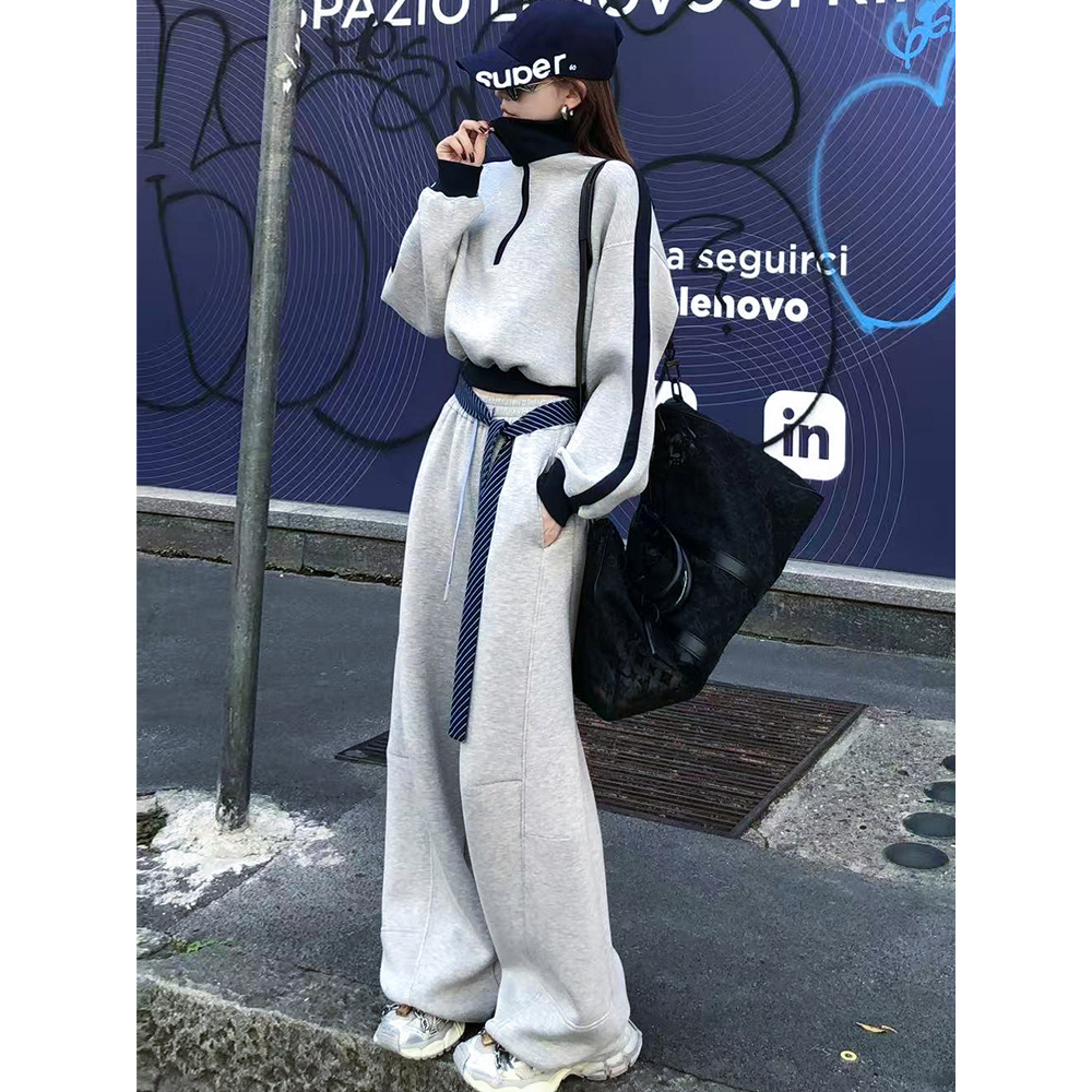 撞色长袖卫衣阔腿裤两件套女秋季新款洋气减龄设计感休闲运动套装