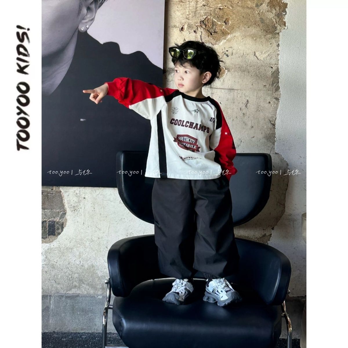 韩版男童2025秋季新款潮流复古拼色插肩袖卫衣儿童黑色休闲工装M6
