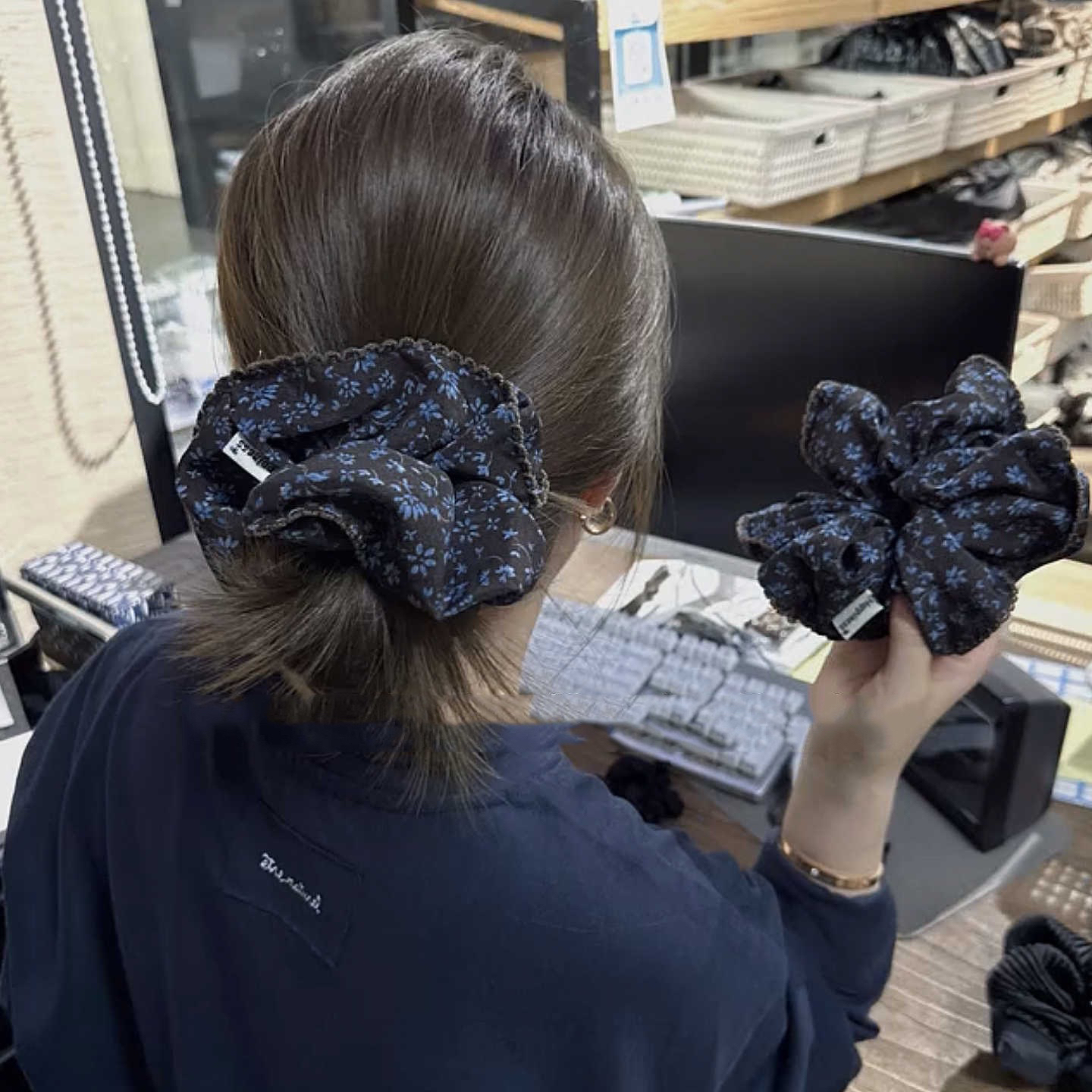 高级复古咖蓝色碎花大肠发圈发量多丸子头发绳韩系新款马尾扎头绳