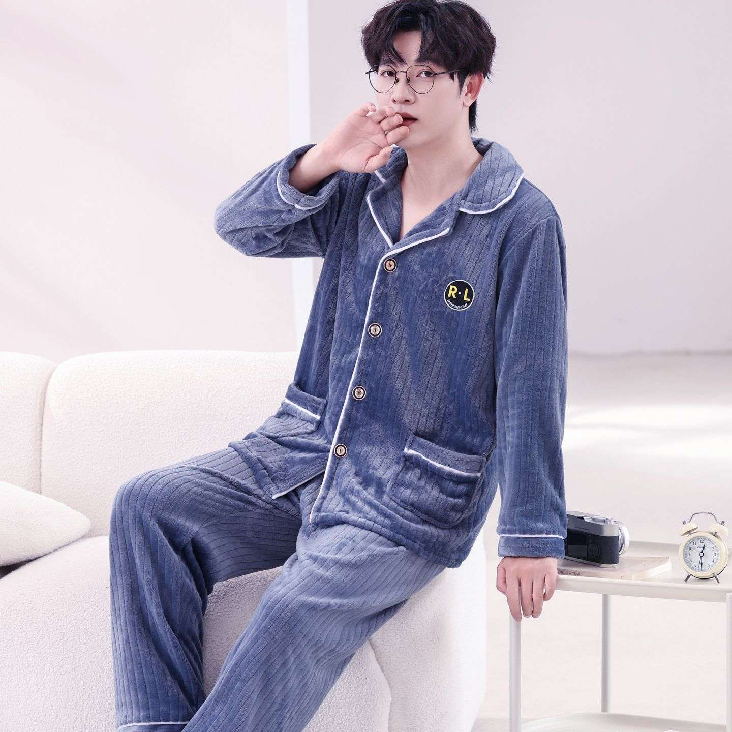 睡衣男中老年套装长袖法兰绒秋冬季加厚加肥大码珊瑚绒睡衣家居服