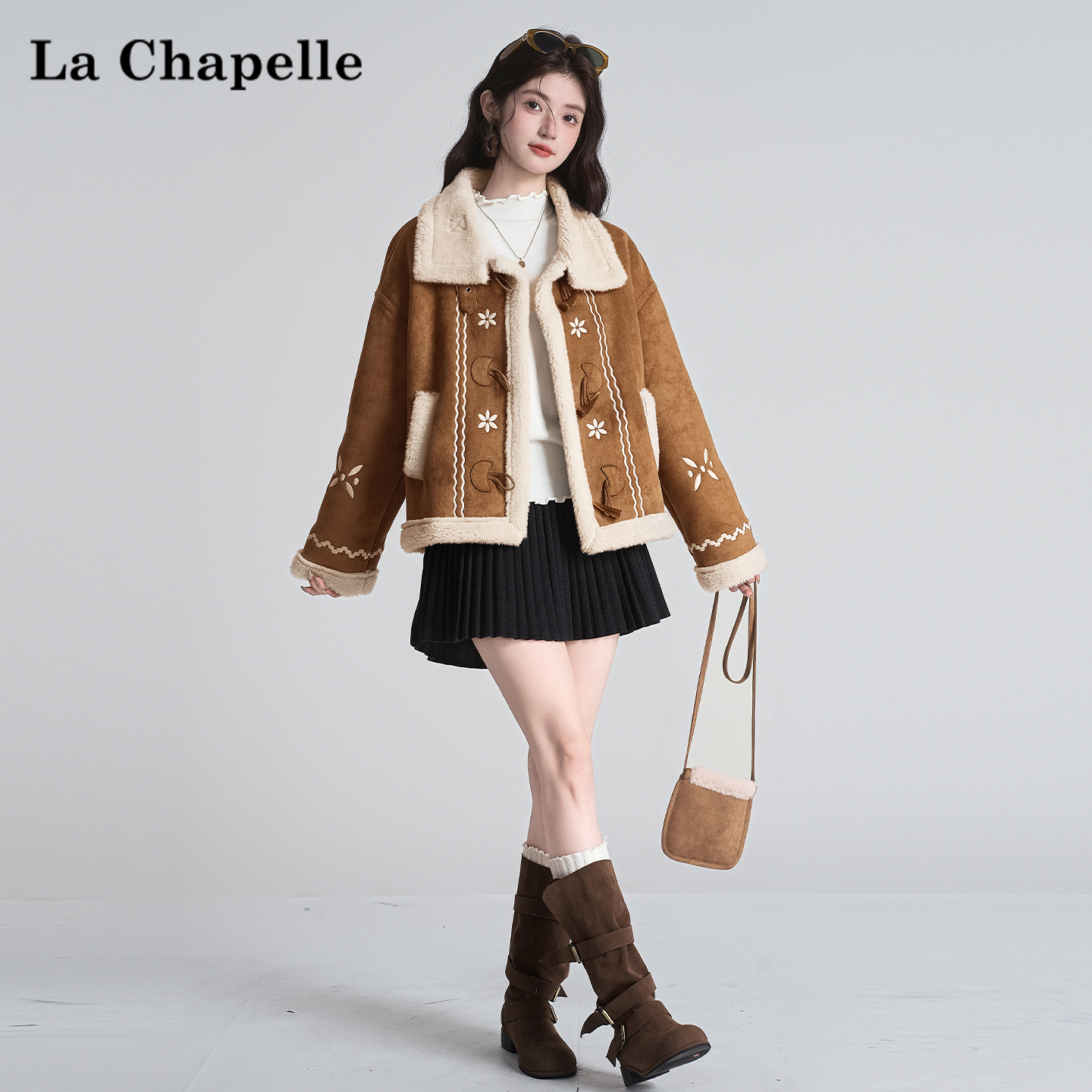 拉夏贝尔复古仿羊羔毛皮毛一体外套女秋冬季仿麂皮绒加绒加厚上衣