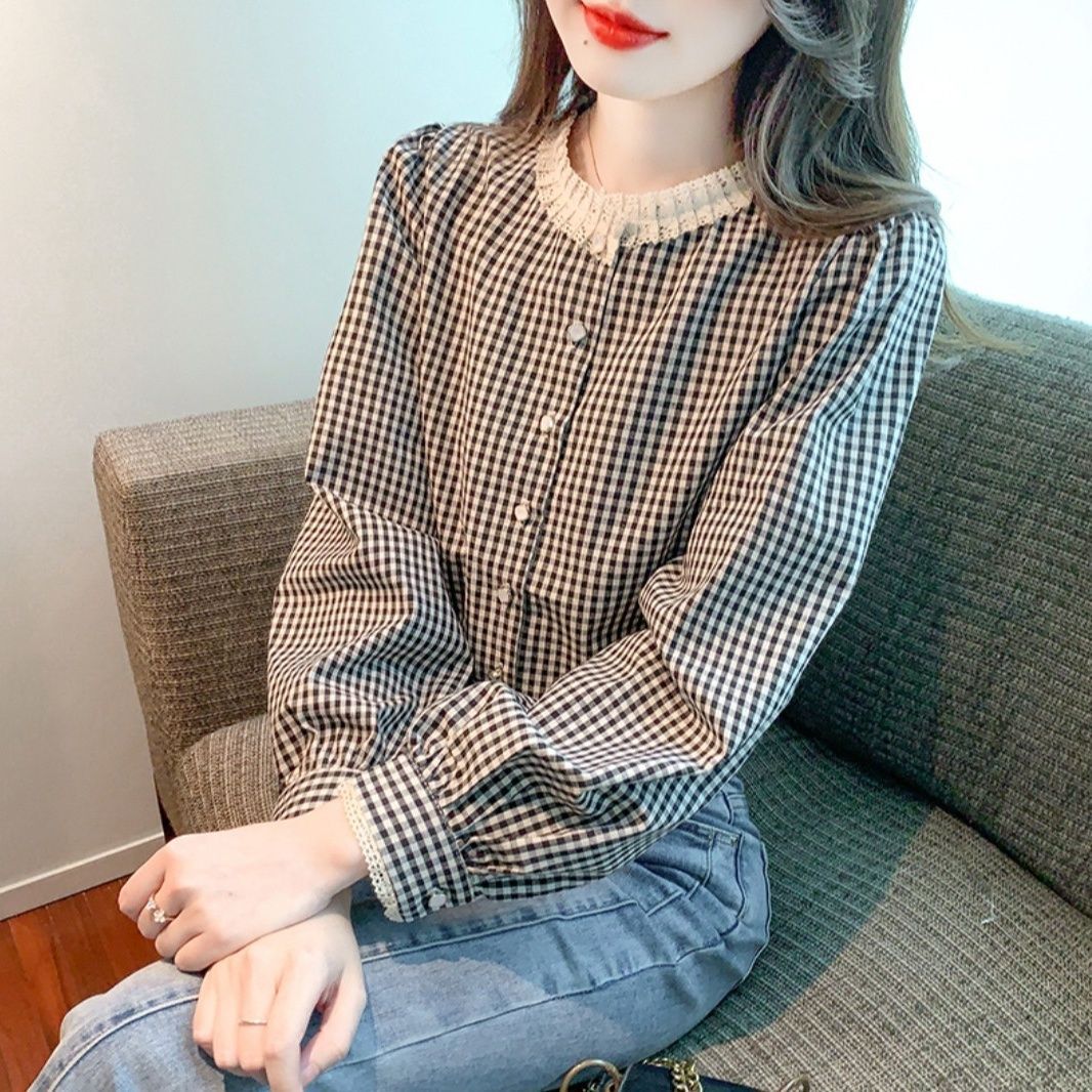 2025春秋季复古圆领蕾丝高级感格子衬衫女秋季新款长袖气质上衣