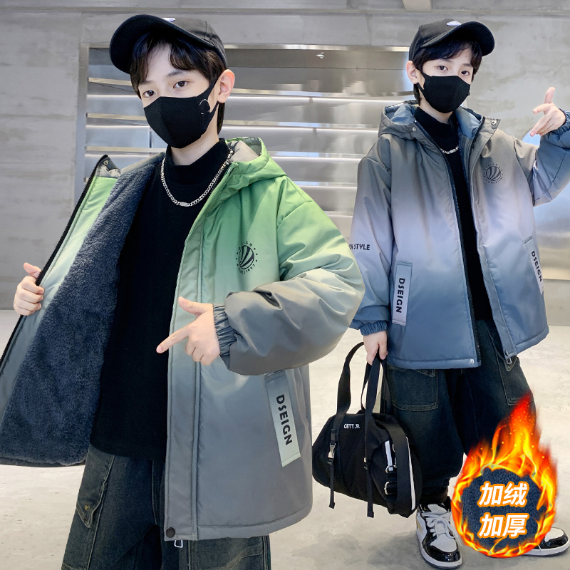 男童冬季加棉加厚连帽外套2025新款中大童加绒冬装棉衣保暖外套潮