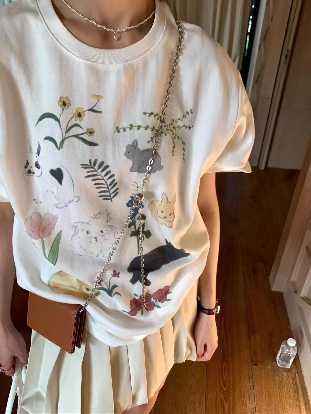 美式复古甜美学院趣味童趣卡通印花落肩袖宽松纯棉重磅短袖T恤女