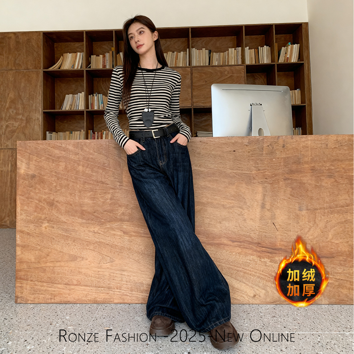 【现货24h+运费险】美式原牛ins丹宁阔腿牛仔女百搭极简加绒加厚裤