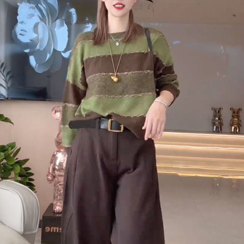 韩系宽松拼色条纹长袖针织衫套头2025秋装时尚穿搭亮丝慵懒毛衣女