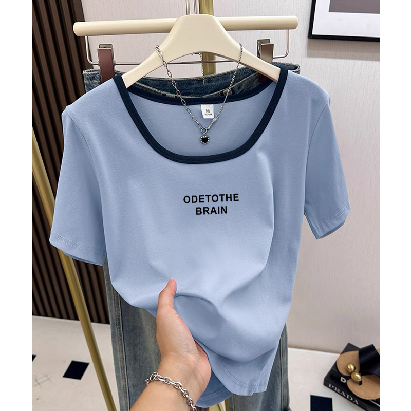 撞色方领上衣夏季2025新款独特别致设计感小众短袖正肩t恤女显瘦