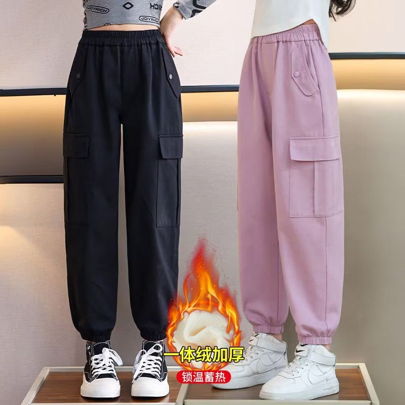 秋冬新品秋中大童女童韩版运动风加厚加绒纯色休闲长裤春秋季广