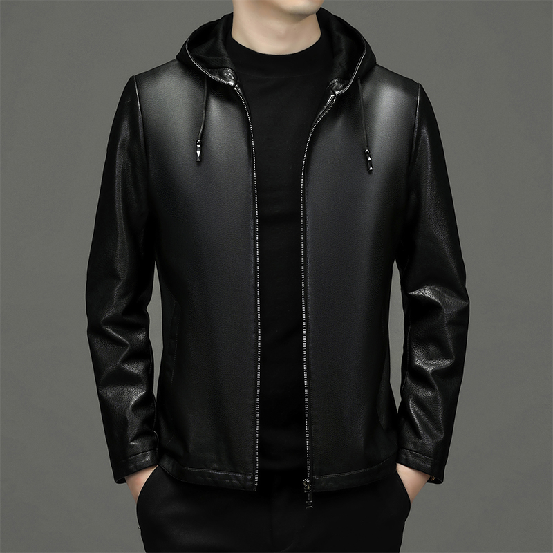 【海宁严选】男士秋冬新款休闲商务百搭（连帽款）真皮山羊皮时尚外套