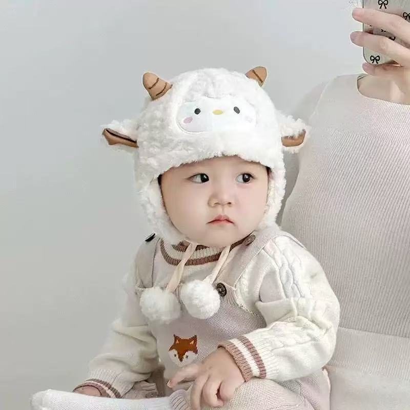 宝宝帽子可爱卡通保暖加厚毛绒系带帽男童女童秋冬款婴儿护耳帽潮