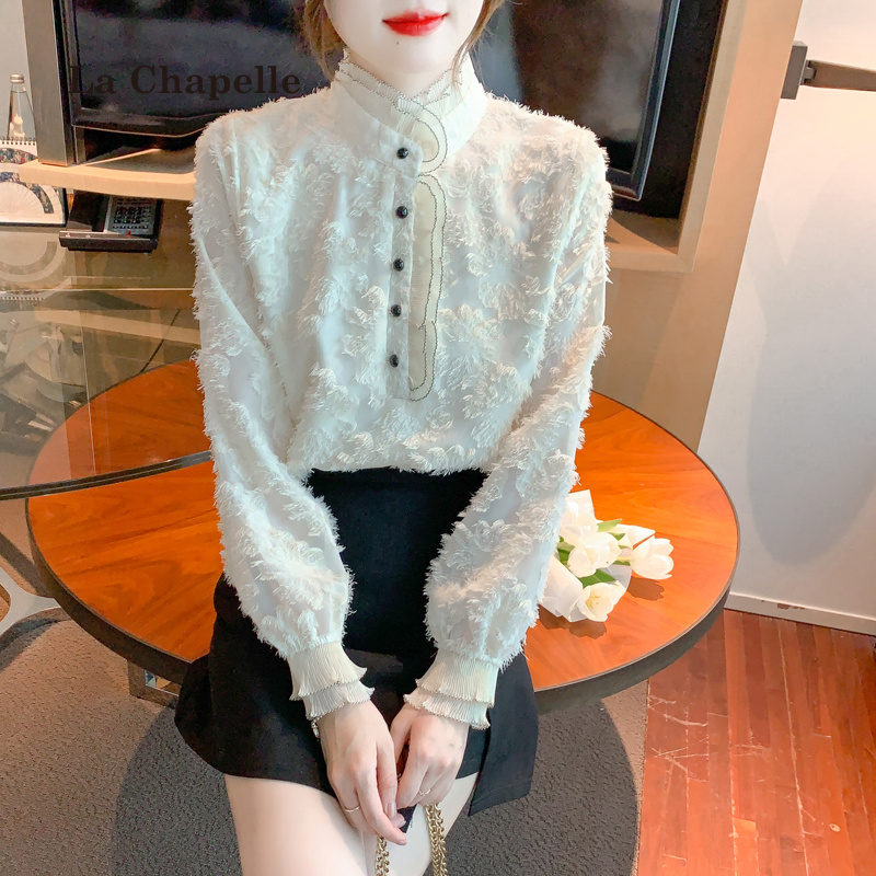 拉夏贝尔加绒加厚木耳立领衬衫女秋冬气质长袖蕾丝打底衫内搭上衣