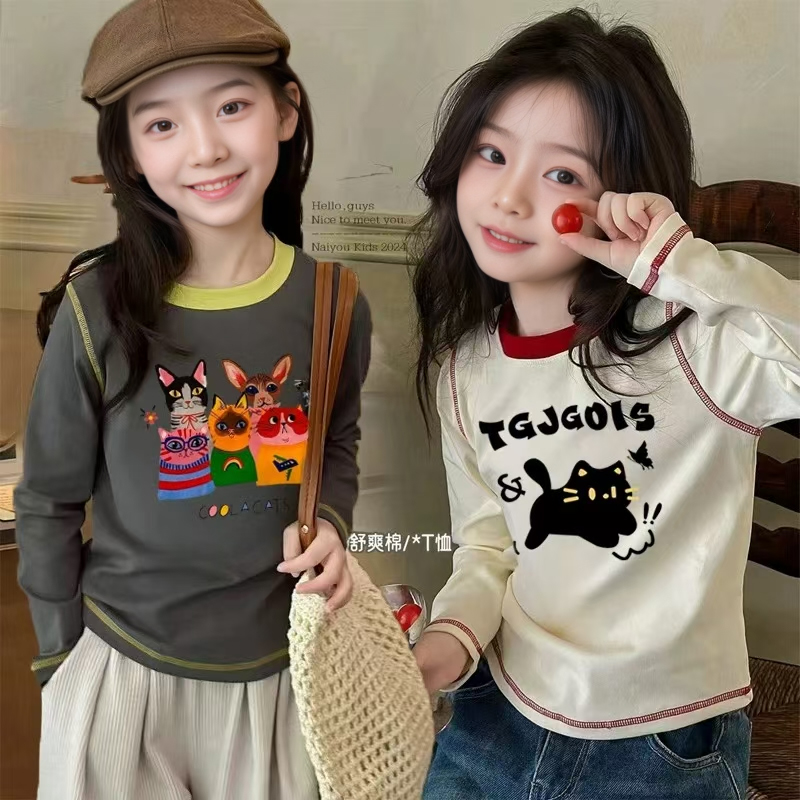 纯棉女童T恤童装长袖卡通新款春秋女宝宝儿童上衣女孩洋气打底衫