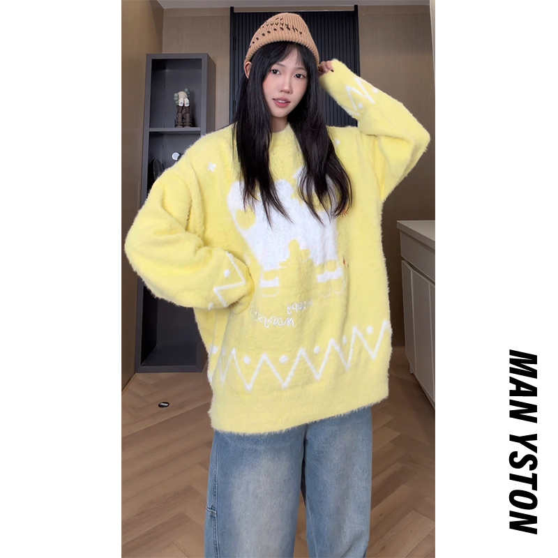 美式高街情侣圆领休闲复古毛衣冬季小羊潮牌高级感内搭针织打底衫