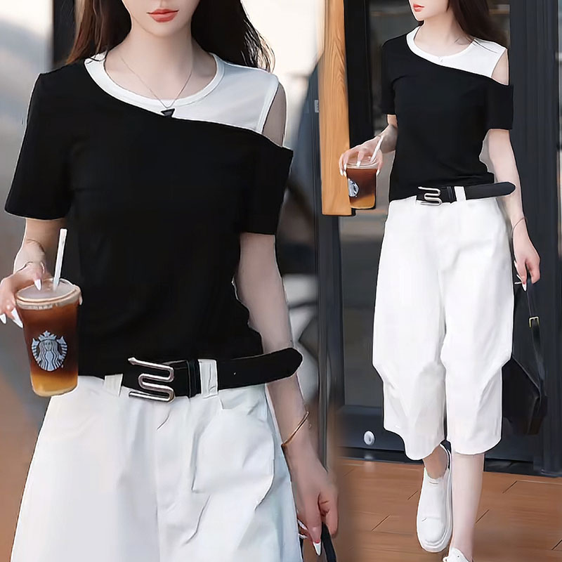 时尚减龄拼接露肩设计短袖T恤女2025夏季新款休闲裤气质显瘦套装