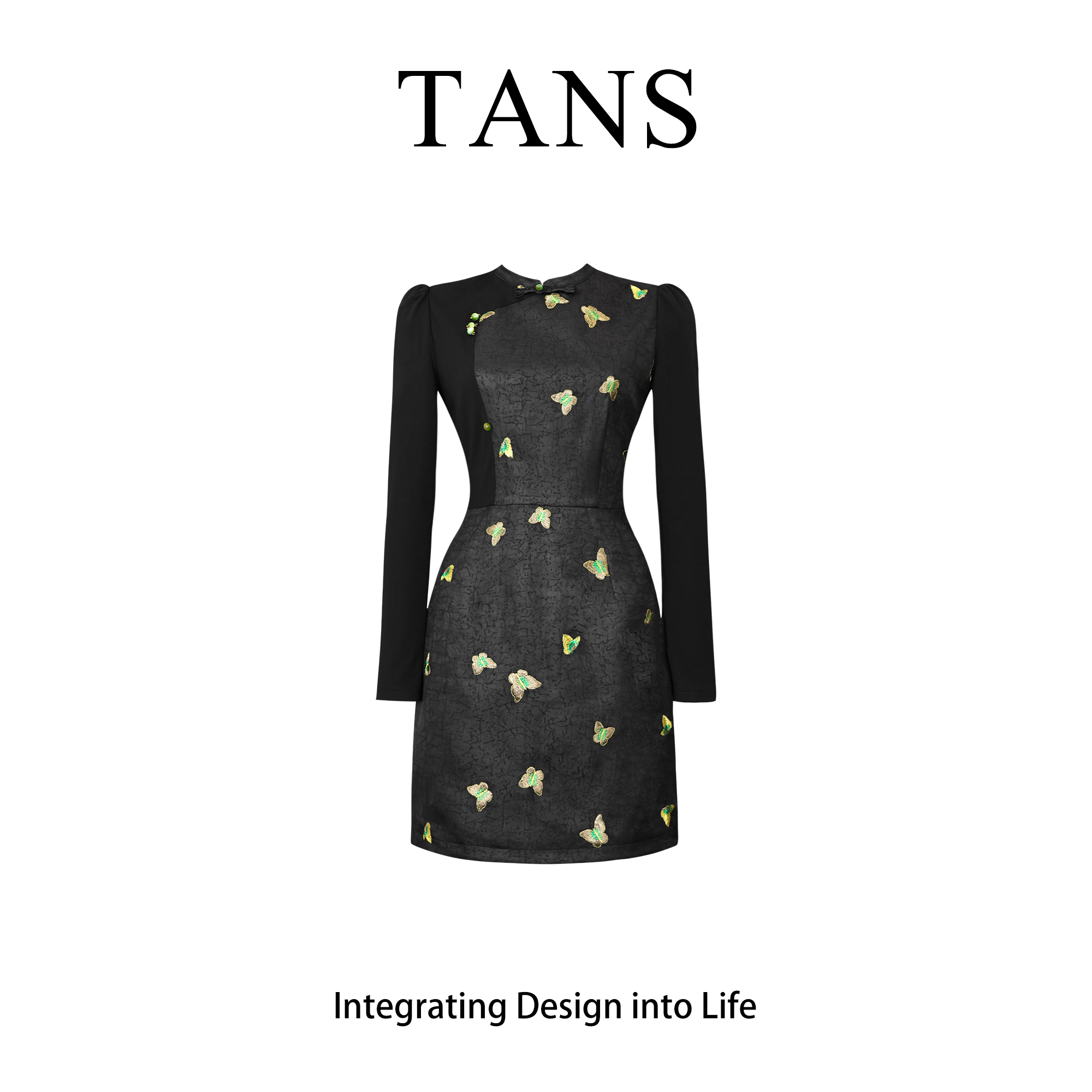 现货 TANS【秋季新品】显瘦长袖黑色复古修身刺绣收腰拼接连衣裙