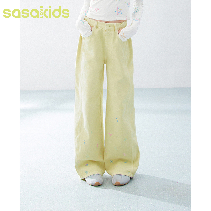 sasakids【香蕉奶昔牛仔裤】原创彩色绣花纯棉垂感宽松休闲牛仔裤