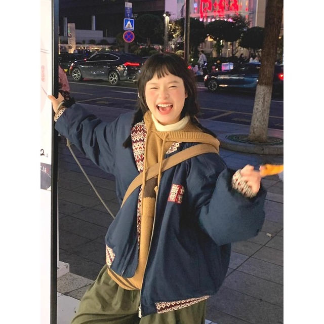 美式复古藏青色夹棉棒球服外套女冬季加厚宽松设计感飞行夹克棉服