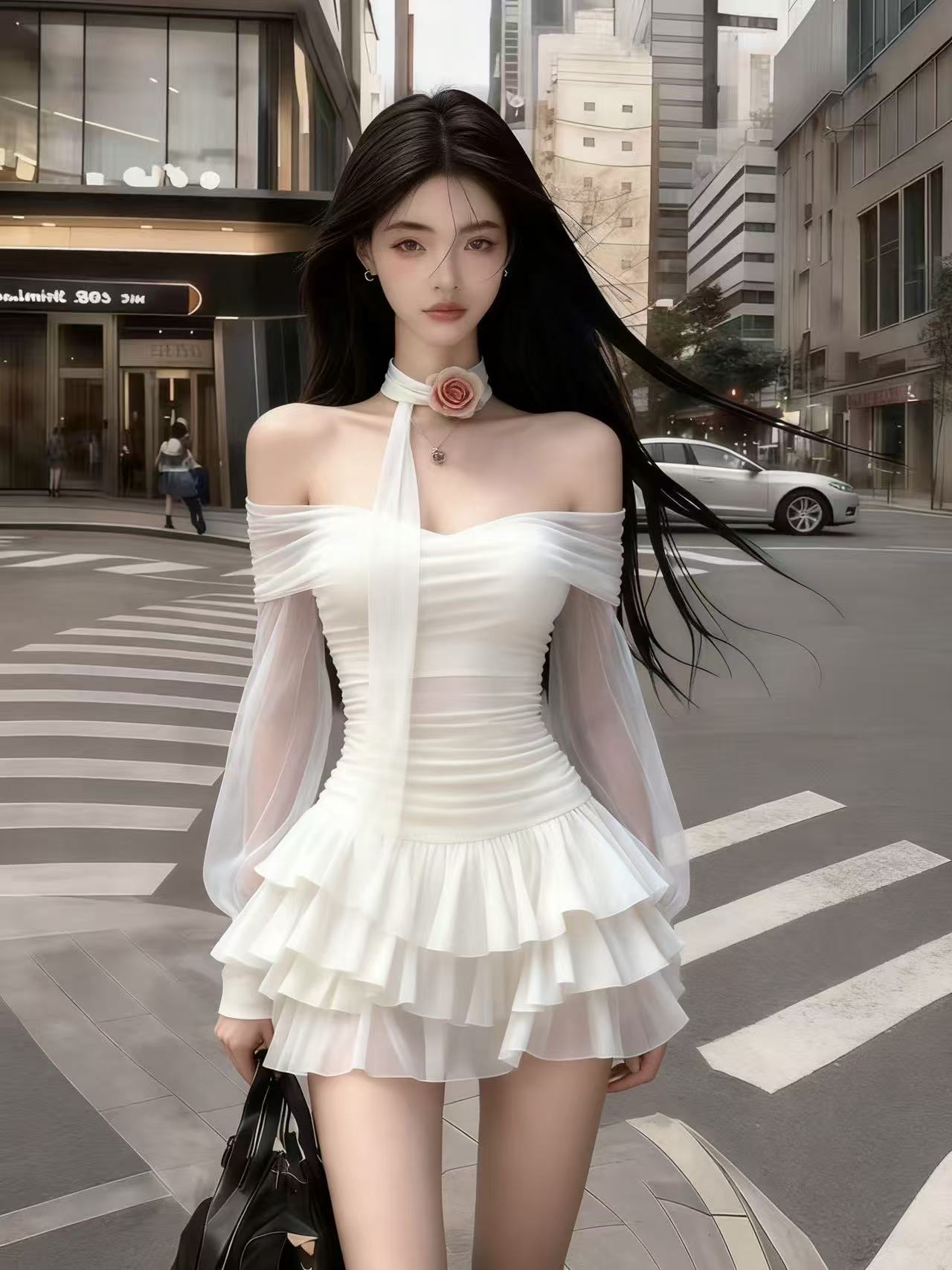 秋冬轻奢千金风名媛纯欲气质白色一字肩露肩网纱中腰氛围感连衣裙