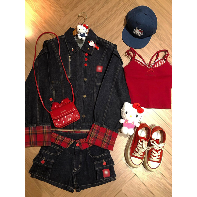 kt刺绣标格子拼接牛仔外套女2025秋季新款复古甜酷风宽松夹克开衫