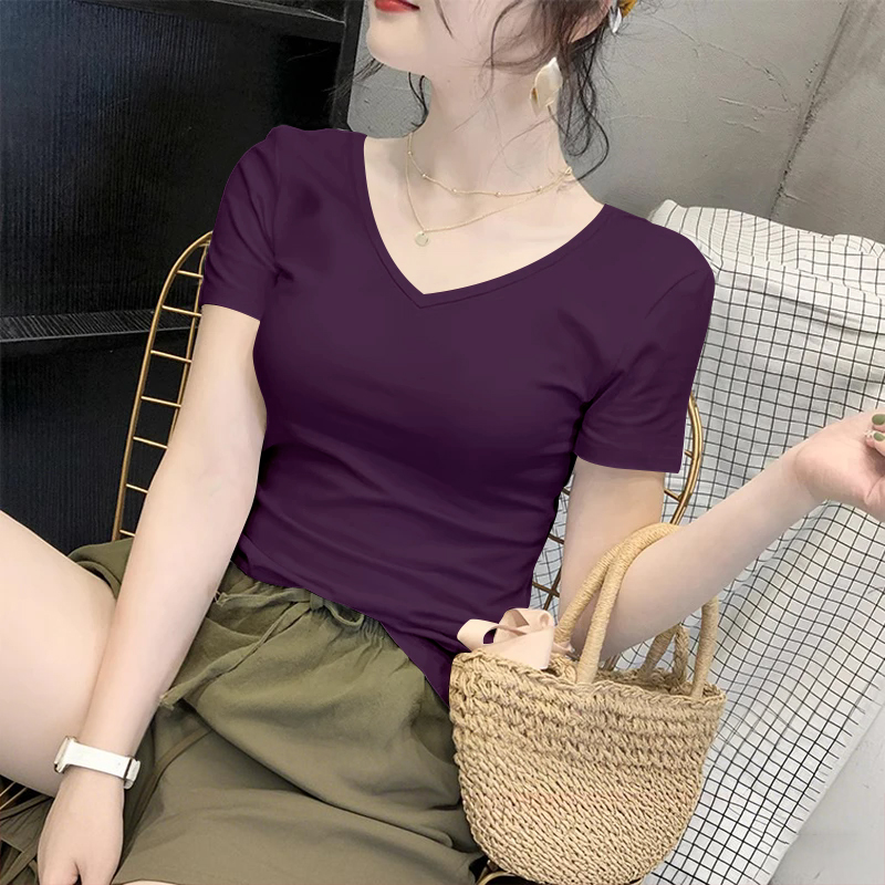 新爆款打底衫夏季大码短袖V领女款宽松显瘦百搭纯色打底女士T恤潮