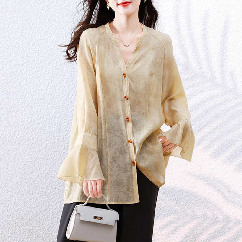 宽松大码女装新中式提花时尚防晒衬衫秋季新款微宽松显瘦小衫外套