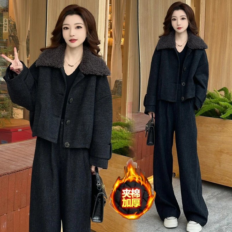 时尚套装女冬季新款韩版宽松夹棉保暖毛呢棉袄外套阔腿裤两件套潮