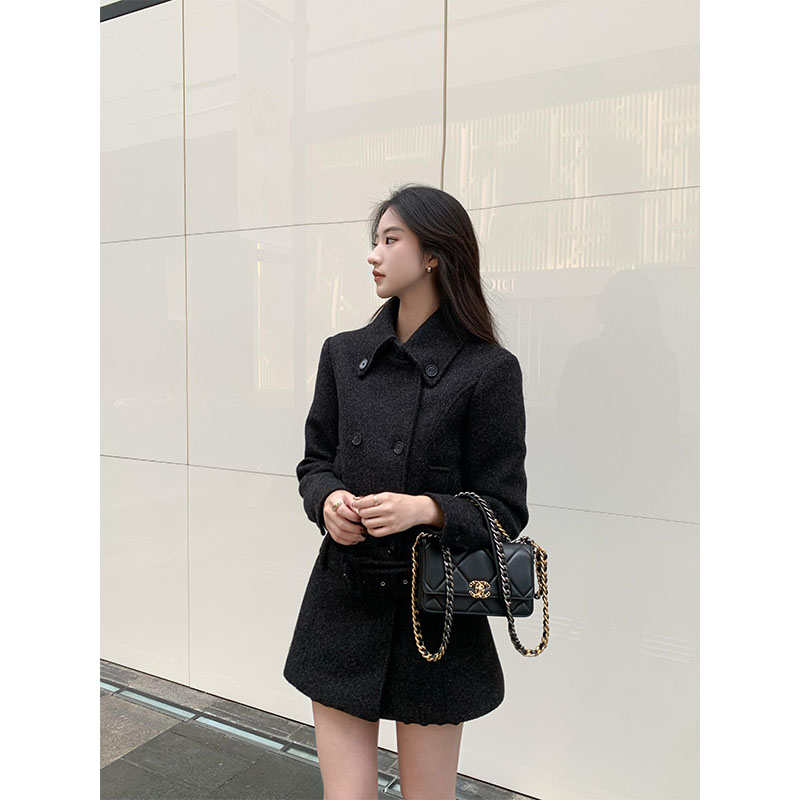 【伦敦日记】 秋冬新款黑色长袖外套羊毛大衣双排扣中长款翻领宽松