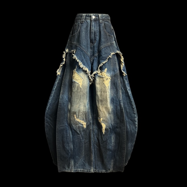 DAJI［磨毛打底］超帅做旧假破洞3D环绕立体剪裁毛絮边男女弯刀裤